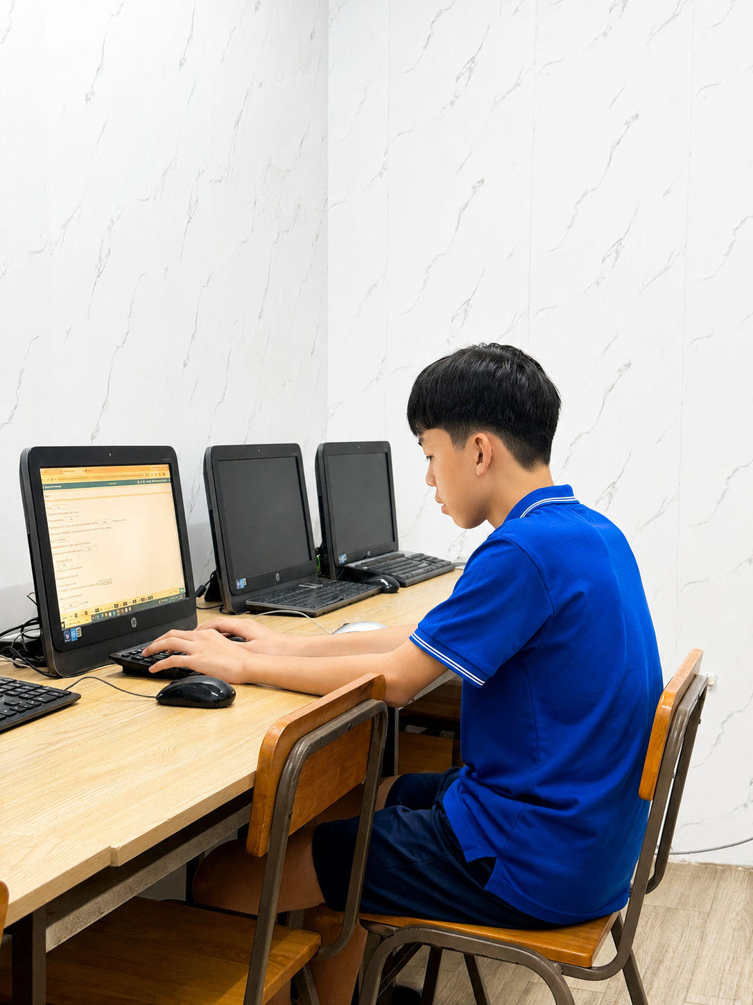 Học sinh làm bài test IELTS trên máy tính tại AXON